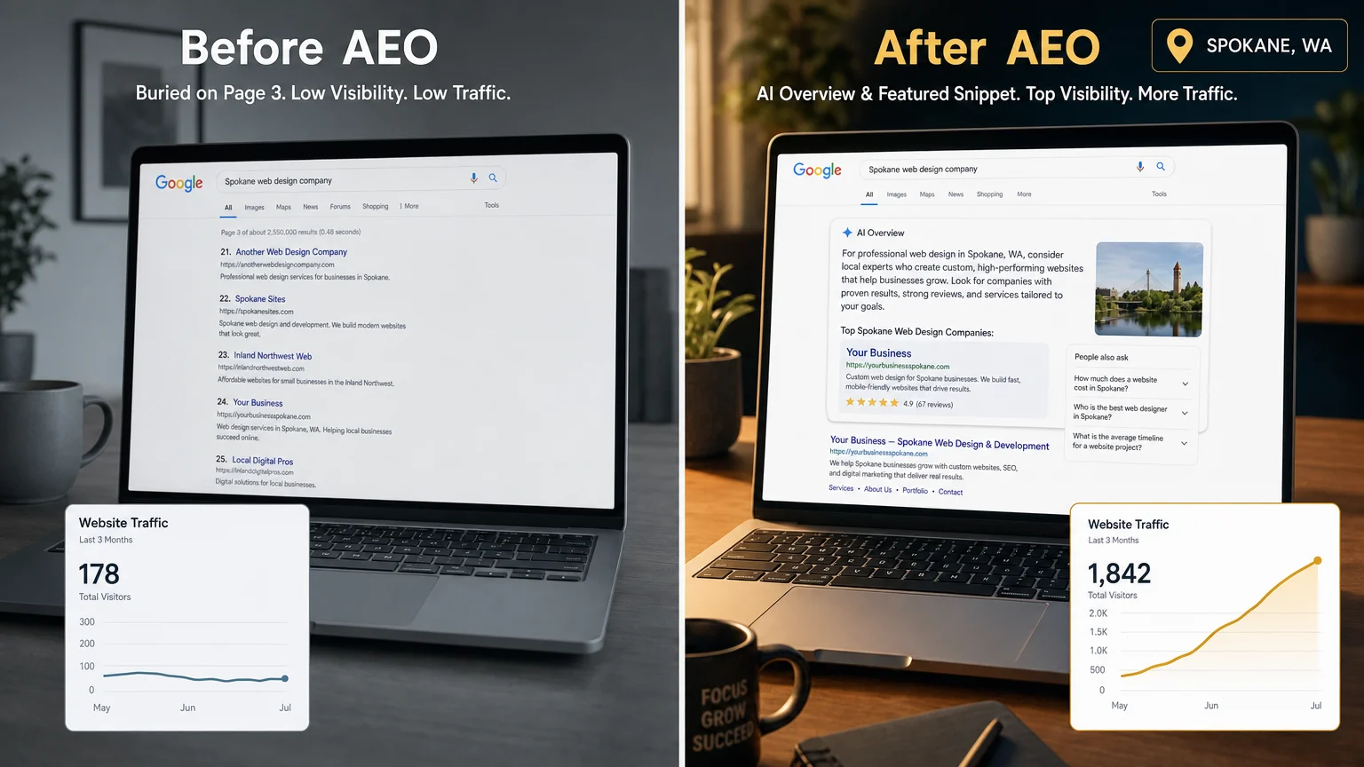 photorealistic split-frame before after comparison 16 9 landscape Creme SEO Spokane