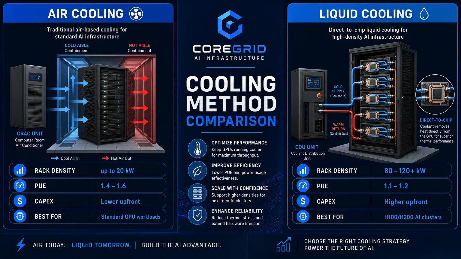 clean detailed infographic 16 9 landscape format comparing CoreGrid AI Infrastructure Dallas