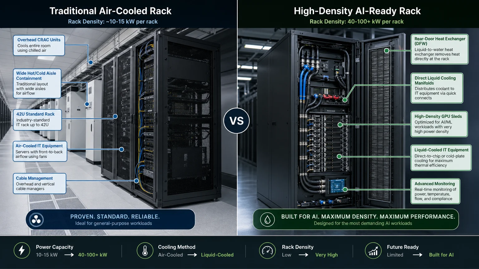 Split-frame before after comparison professional style LEFT SIDE CoreGrid AI Infrastructure Dallas