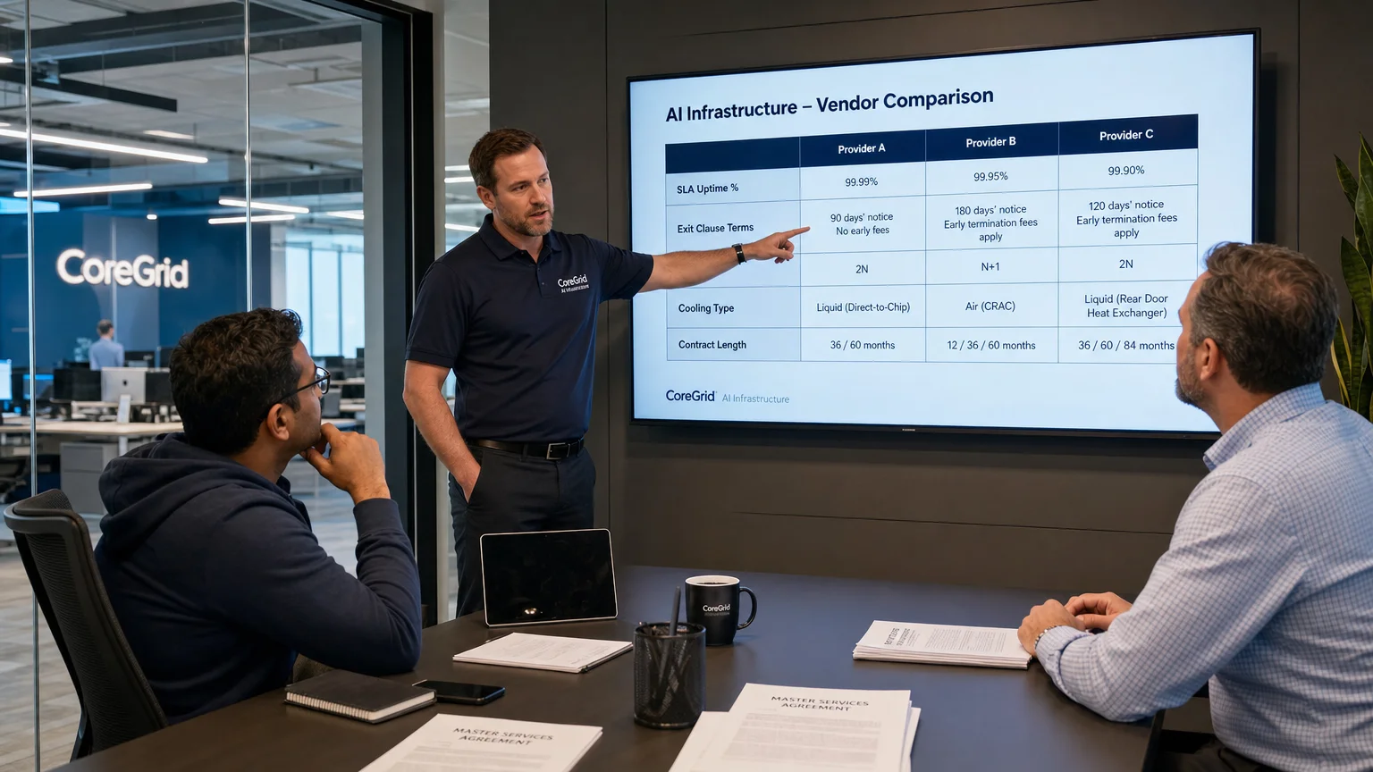 Photorealistic scene showing CoreGrid AI Infrastructure consultant professional CoreGrid AI Infrastructure Dallas