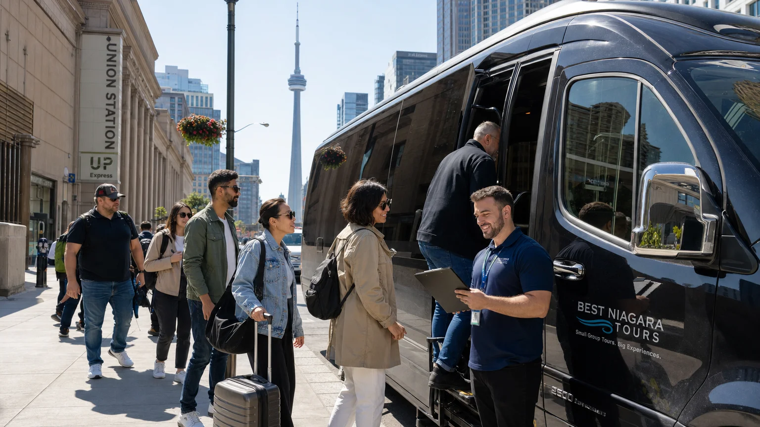 photorealistic scene small group 8 10 diverse tourists Best Niagara Tours Toronto