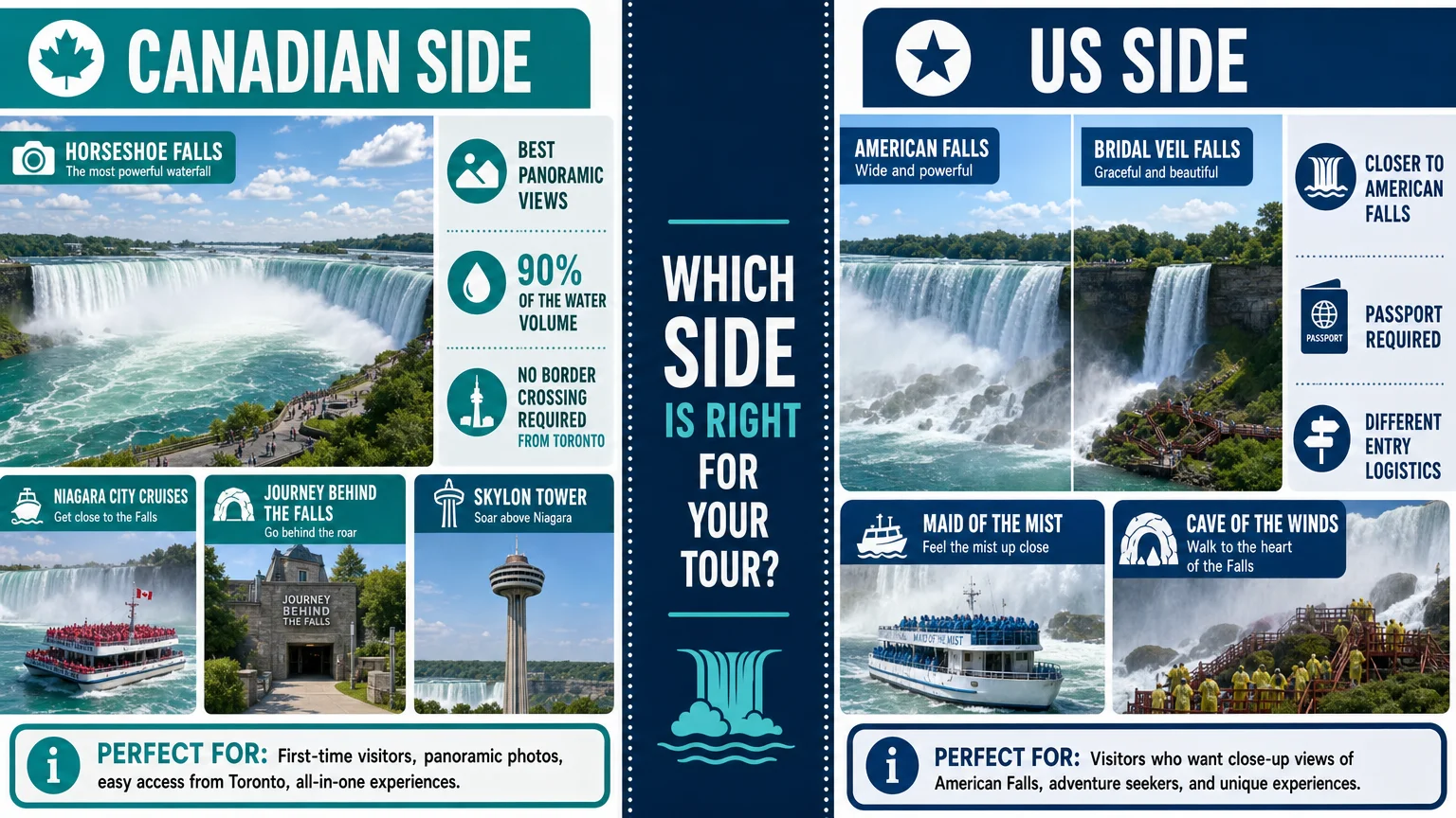 detailed side-by-side comparison infographic clean style showing Canadian Best Niagara Tours Toronto