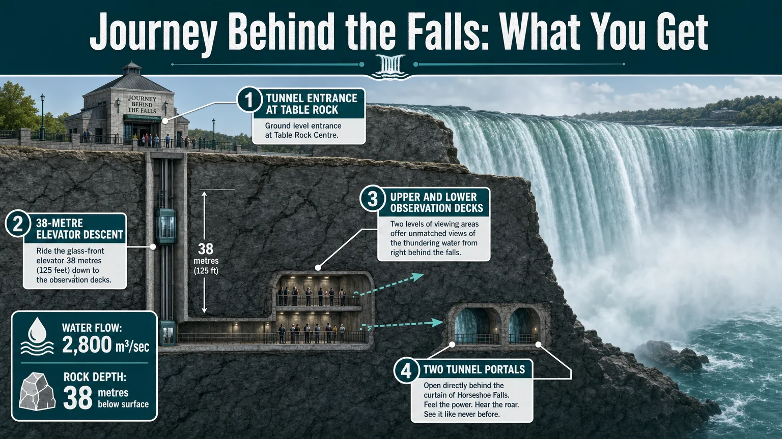detailed infographic clean style titled Journey Behind Falls Best Niagara Tours Toronto