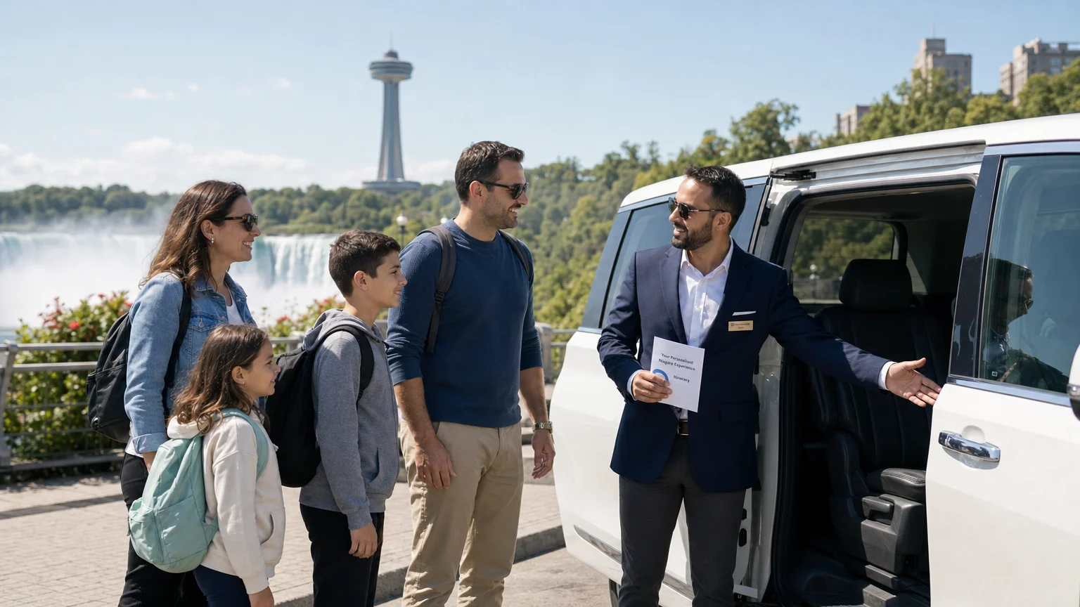 photorealistic action scene showing professional tour guide smart-casual Best Niagara Tours Toronto
