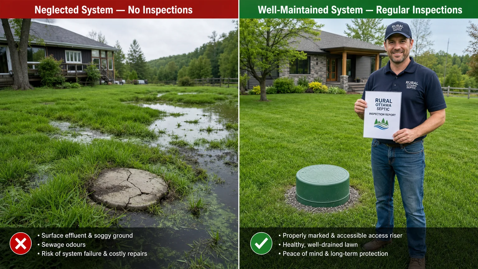 dramatic split-frame before-and-after comparison 16 9 landscape format Rural Ottawa Septic Ottawa