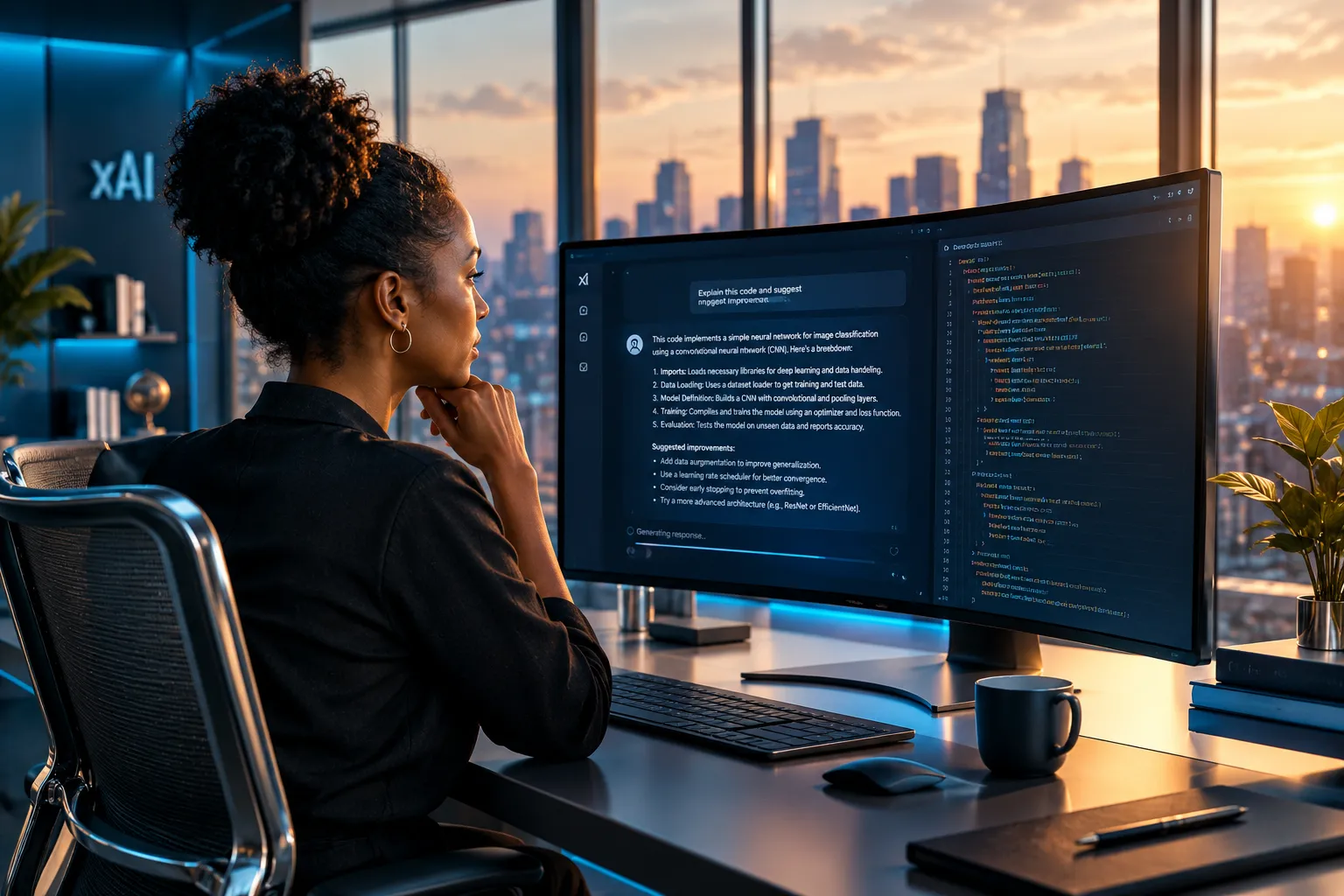 Cinematic editorial photograph of a modern AI research lab at golden hour: large curved monitor displaying conversational chatbot interface with Grok AI logo, soft natural light streaming through floor-to-ceiling windows, Black woman in her 30s reviewing code on screen, sleek minimalist workspace with chrome accents, shallow depth of field focusing on the glowing monitor showing text generation in progress, warm amber and cool blue color palette, luxury tech-magazine aesthetic, visible xAI branding elements, professional photography with film-grain texture, What Is Grok AI and What Can It Do? theme, November 2023 launch era atmosphere, editorial Forbes-style composition, landscape 1536x1024