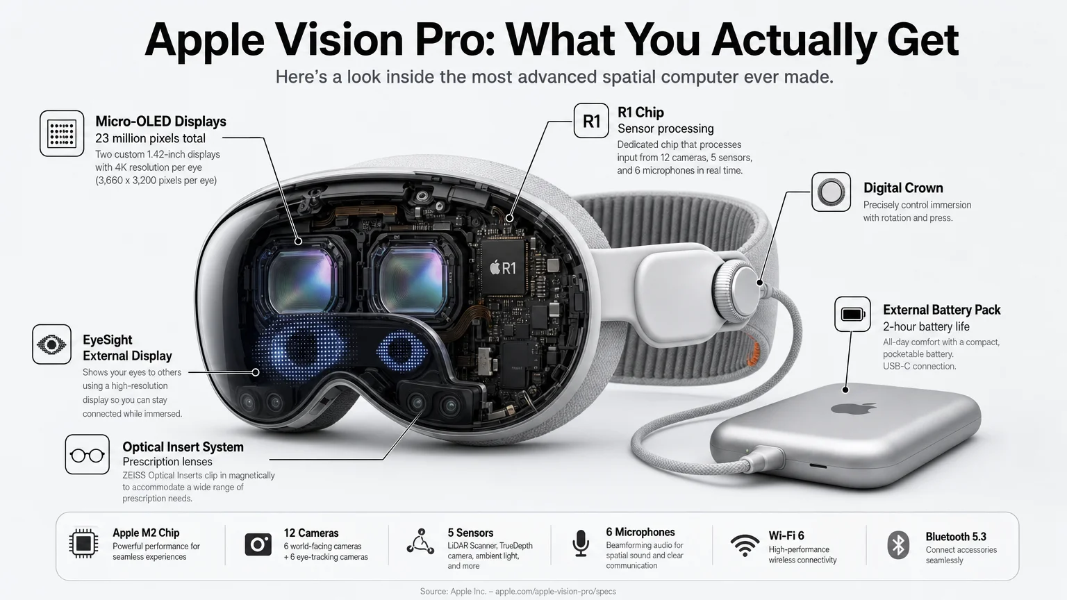 clean infographic diagram titled Apple Vision Pro What We Are MacWise