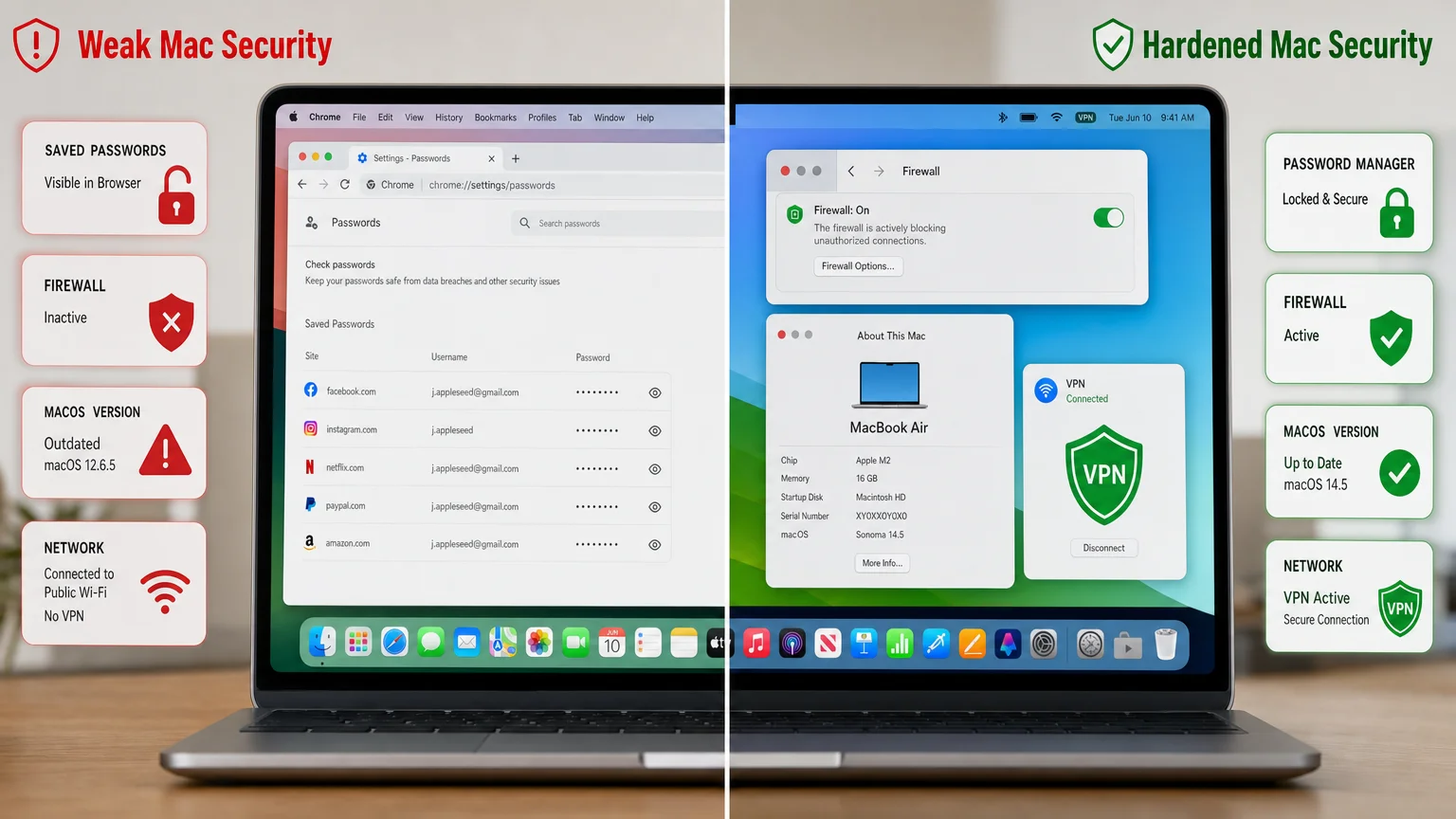 split-frame before-and-after comparison LEFT SIDE labeled Weak Mac We Are MacWise