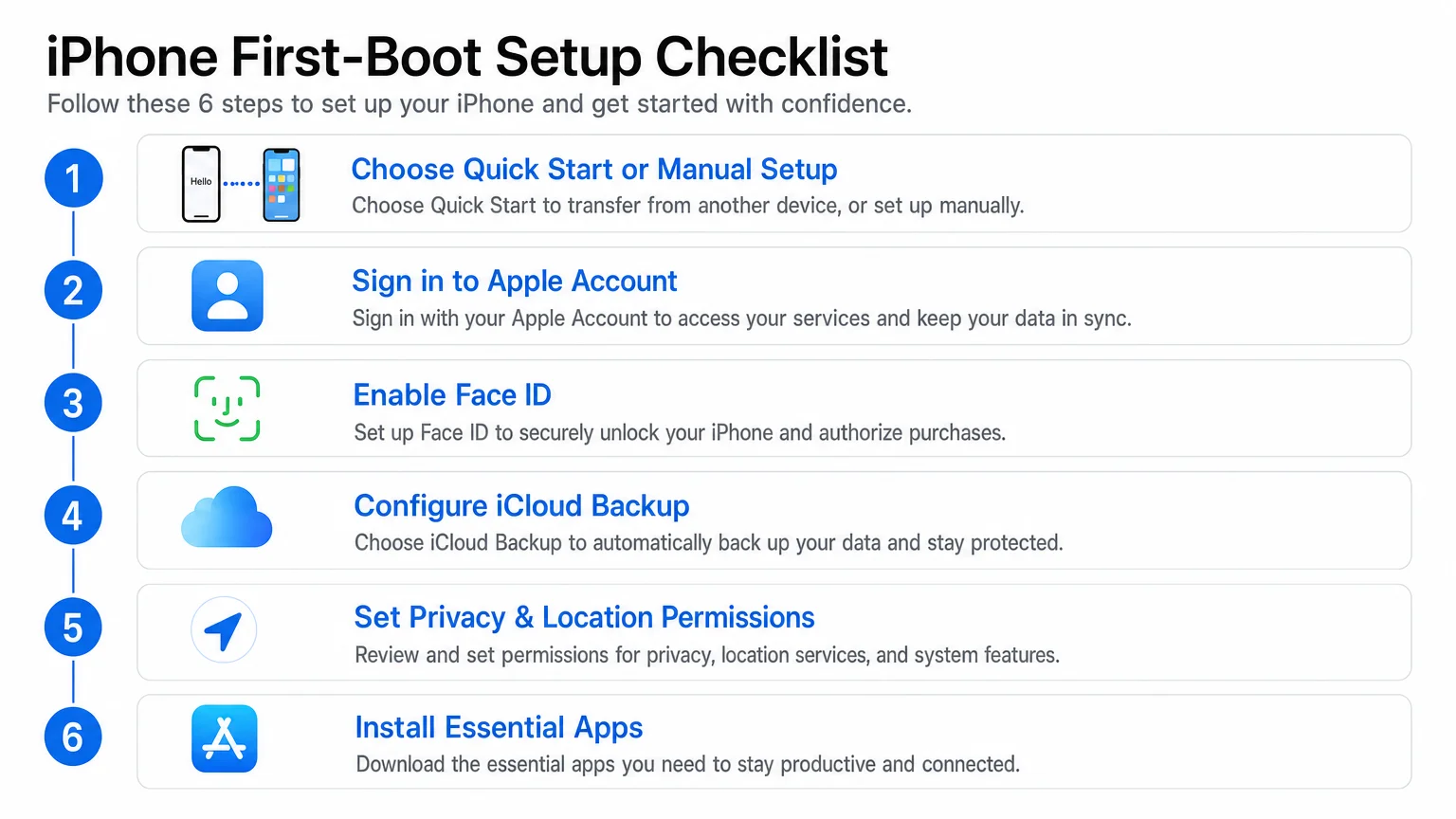 clean detailed infographic titled iPhone First-Boot Setup Checklist We Are MacWise