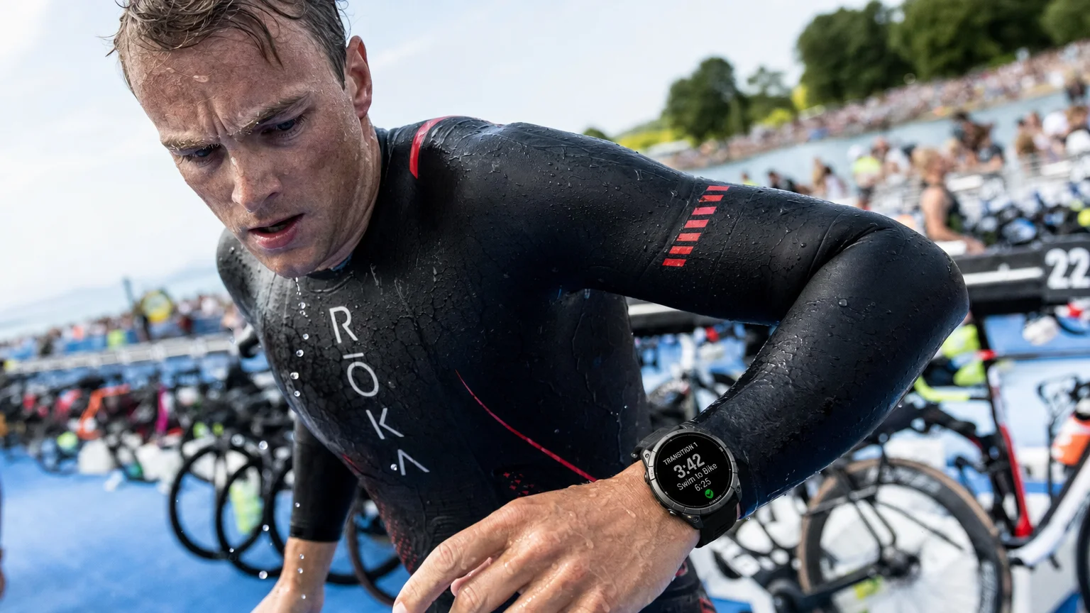 photorealistic 16 9 action scene showing triathlete mid-race We Are MacWise
