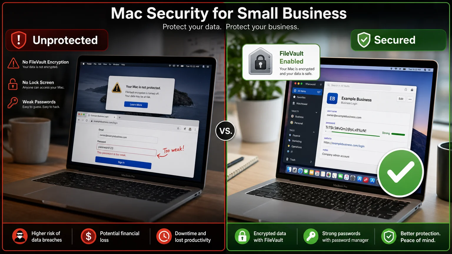 before-and-after split-frame comparison illustrating Mac security small business We Are MacWise