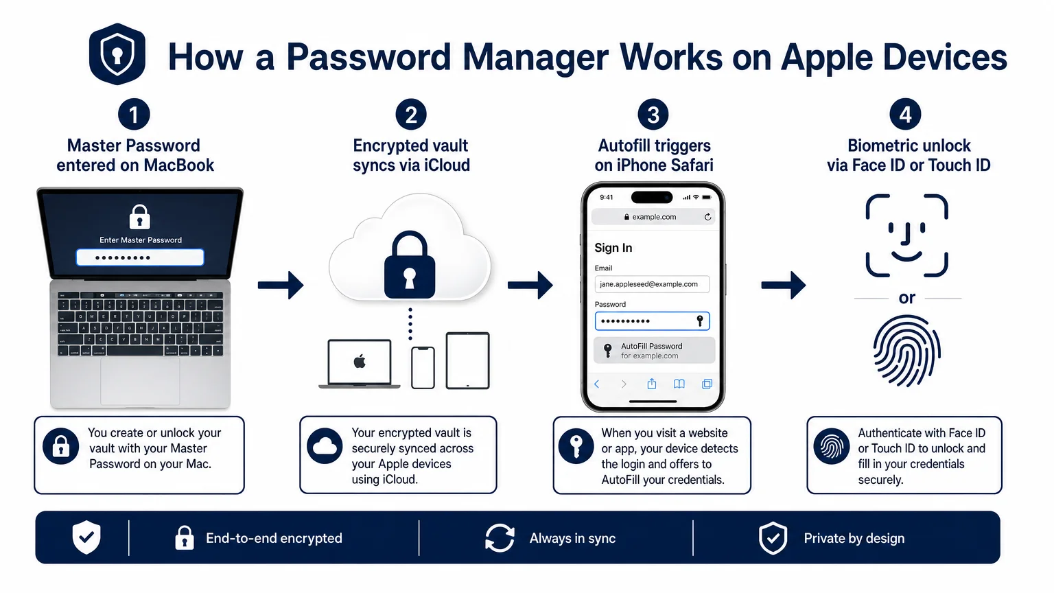 clean infographic diagram titled How Password Manager Works We Are MacWise