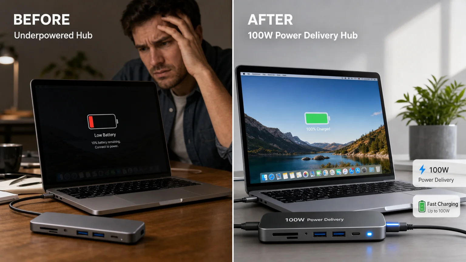 split-frame before after comparison illustrating power delivery differences We Are MacWise