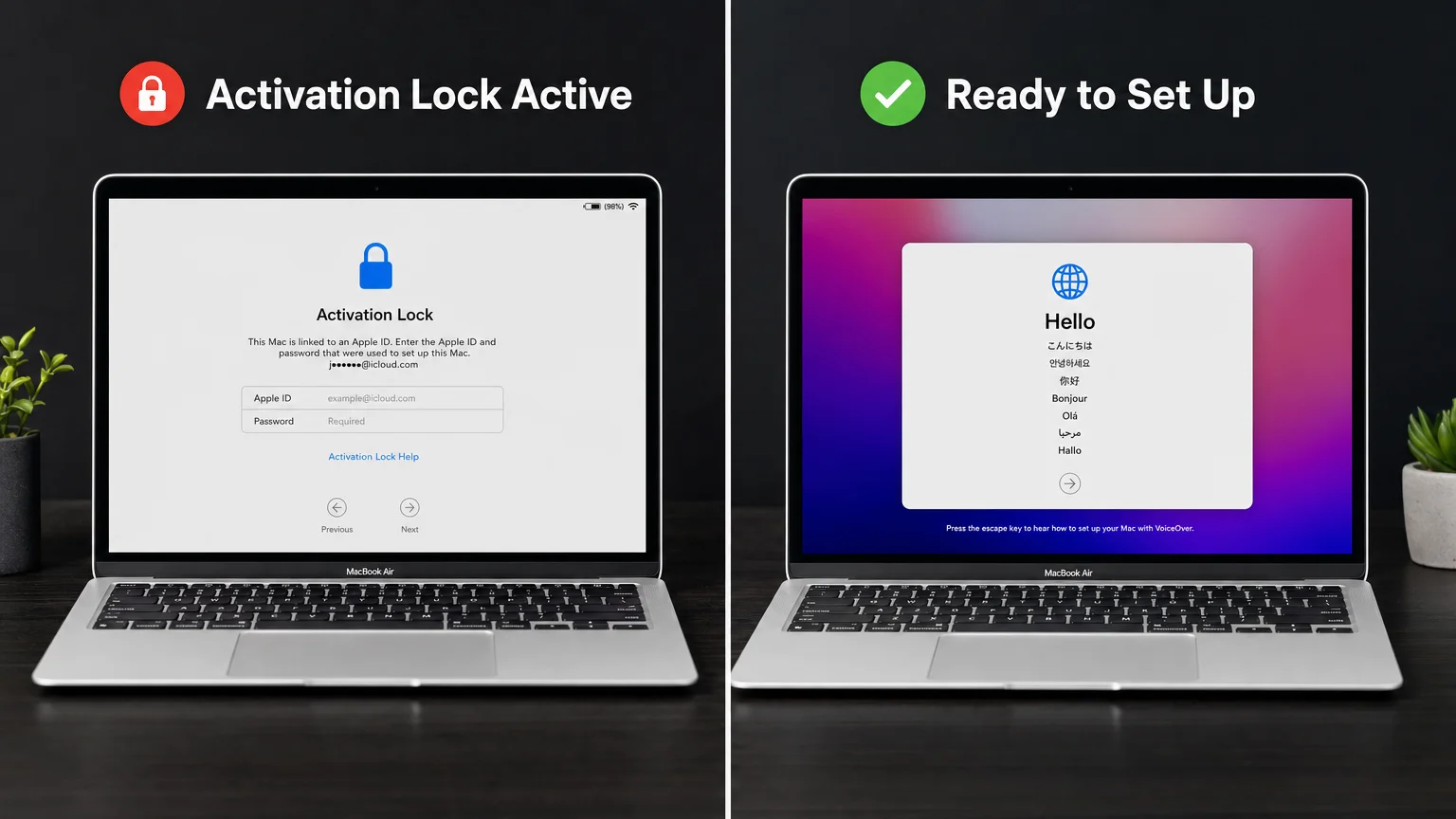 split-frame before-and-after comparison Left half shows MacBook displaying We Are MacWise