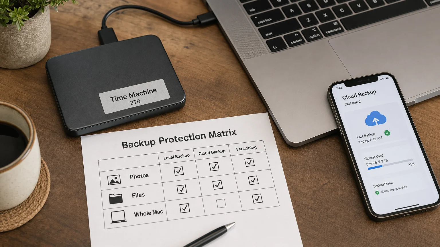 photorealistic overhead flat-lay showing Mac backup ecosystem action We Are MacWise