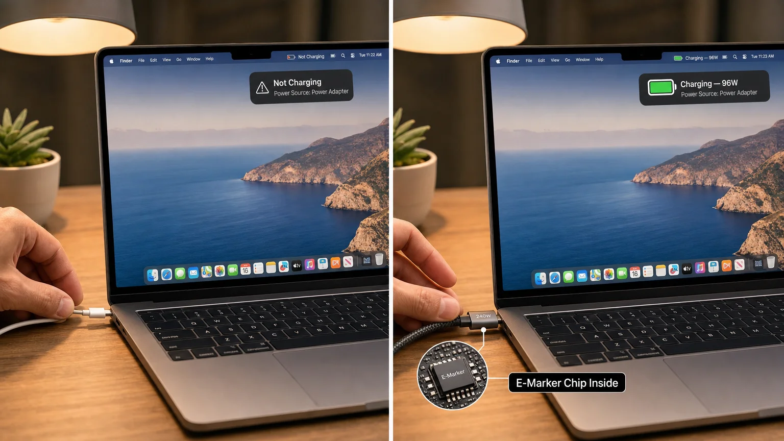 photorealistic close-up comparison scene split into two halves We Are MacWise