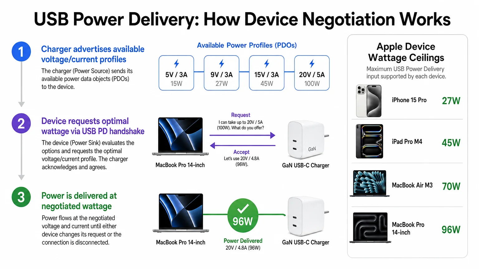 clean infographic diagram titled USB Power Delivery How We Are MacWise