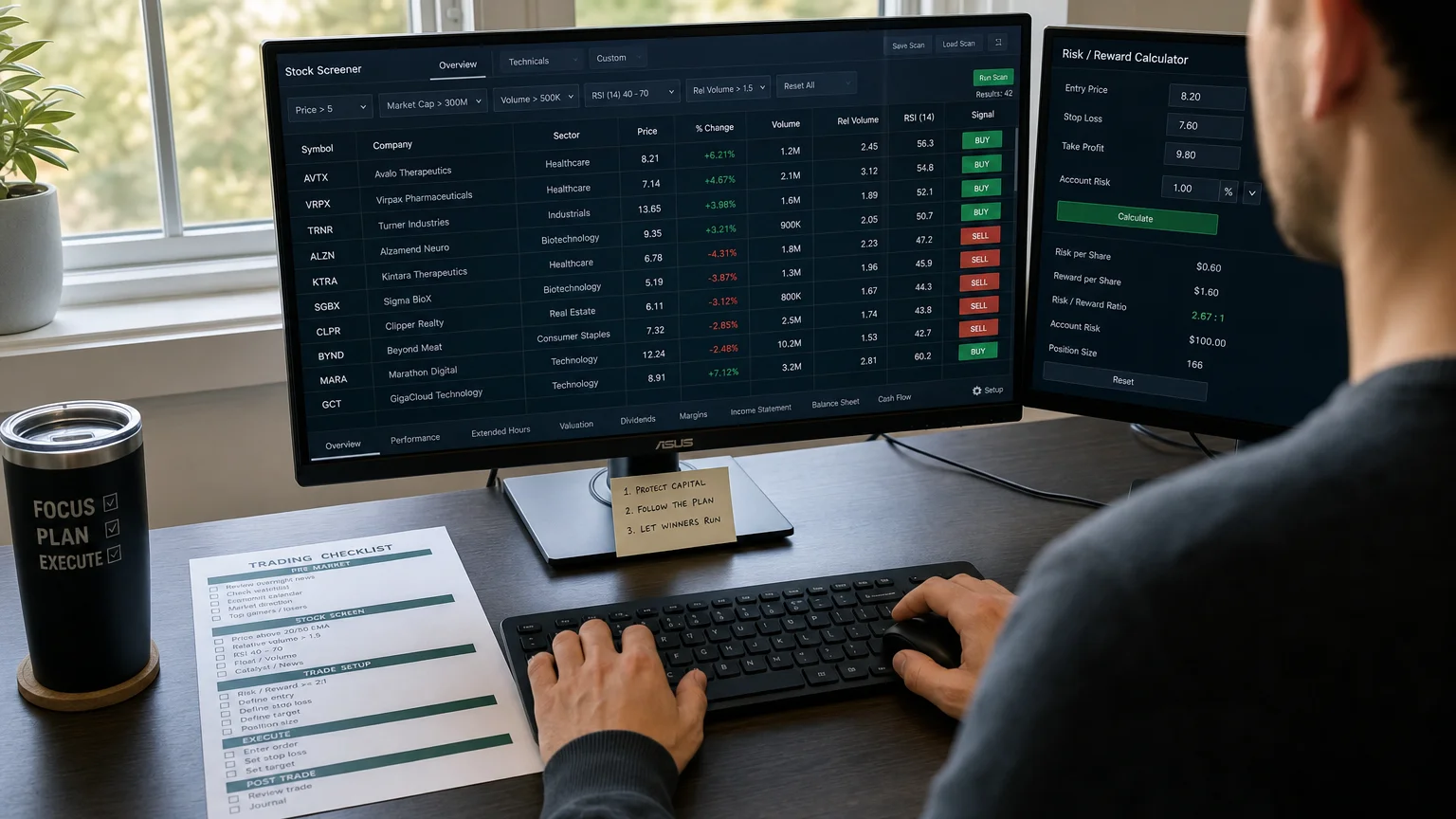 realistic process-focused scene showing trader actively using stock Economics Savvy