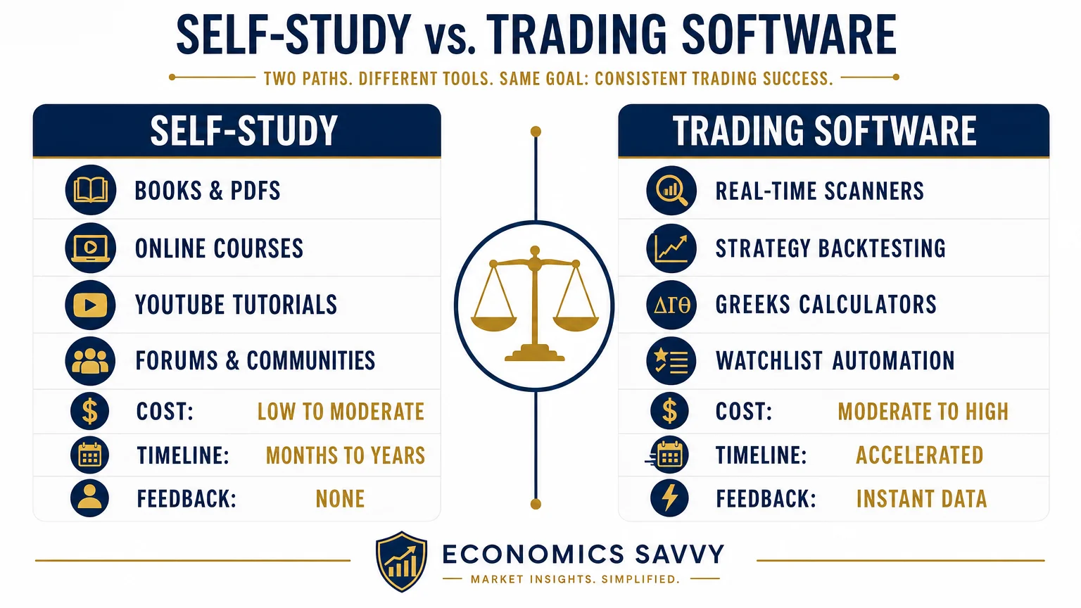 clean infographic comparing self-study options trading education versus Economics Savvy