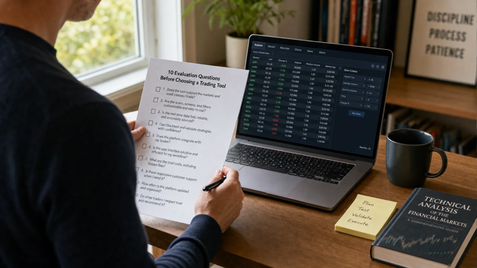 photorealistic 16 9 scene showing trader standing desk Economics Savvy