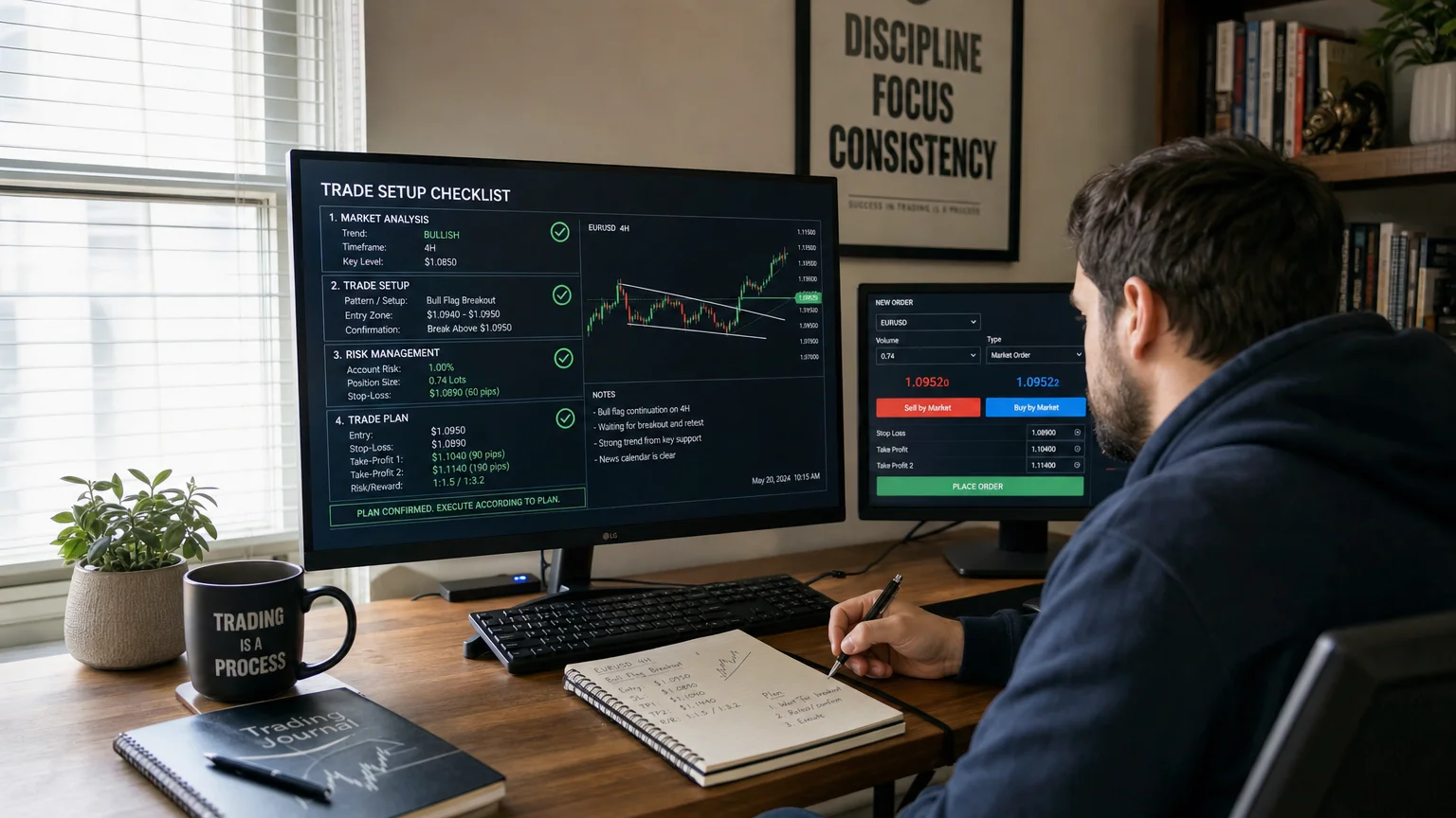 realistic process-oriented scene showing retail trader home office Economics Savvy