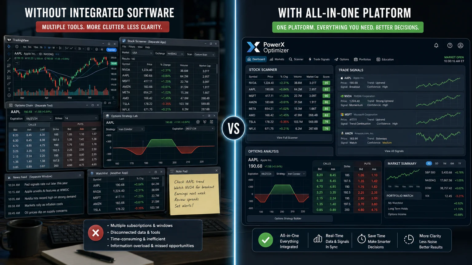 before-and-after split-frame comparison illustrating decision between standalone trading Economics Savvy