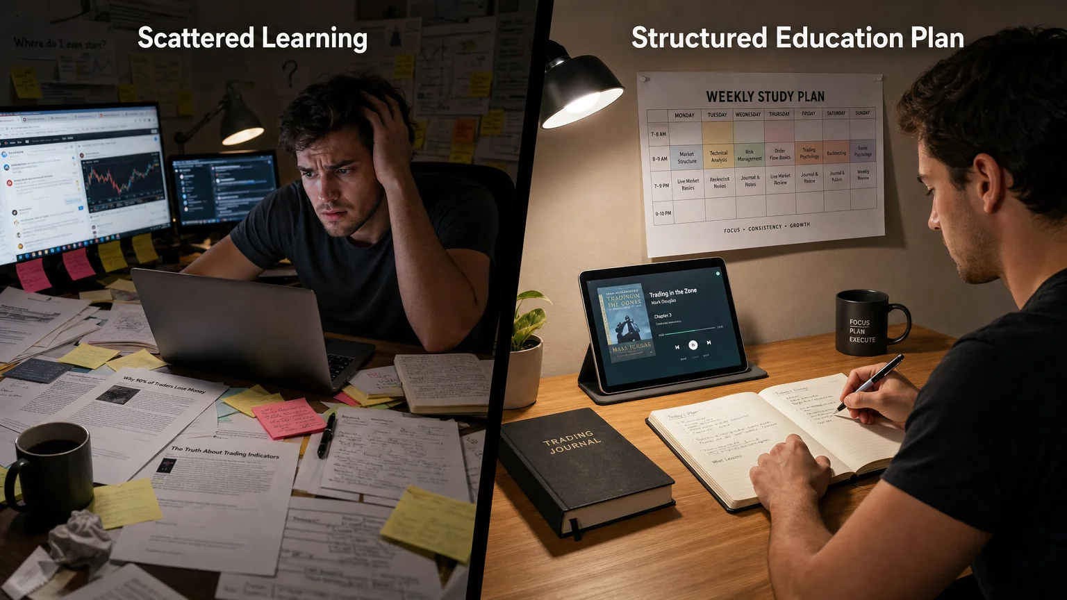 split-frame before-and-after comparison illustrating education plan upgrade LEFT Economics Savvy