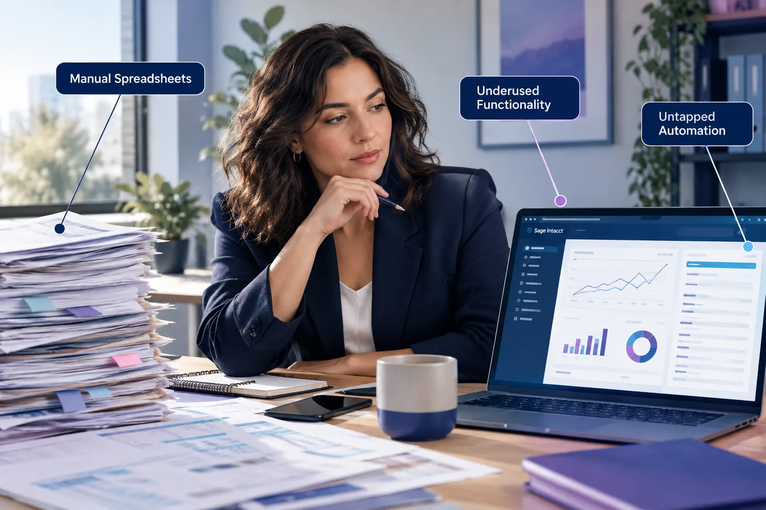 Landscape format (1536x1024) annotated documentary-style photo of a Finance Manager at a desk surrounded by a cluttered stack of printed spreadsheets on one side and a clean glowing Sage Intacct dashboard screen on the other, soft natural daylight from a window, three small callout labels pointing to: 'Manual Spreadsheets', 'Underused Functionality', 'Untapped Automation', navy and warm-grey palette, editorial finance-office realism, no price tables, no dollar amounts, no checkmark grids.