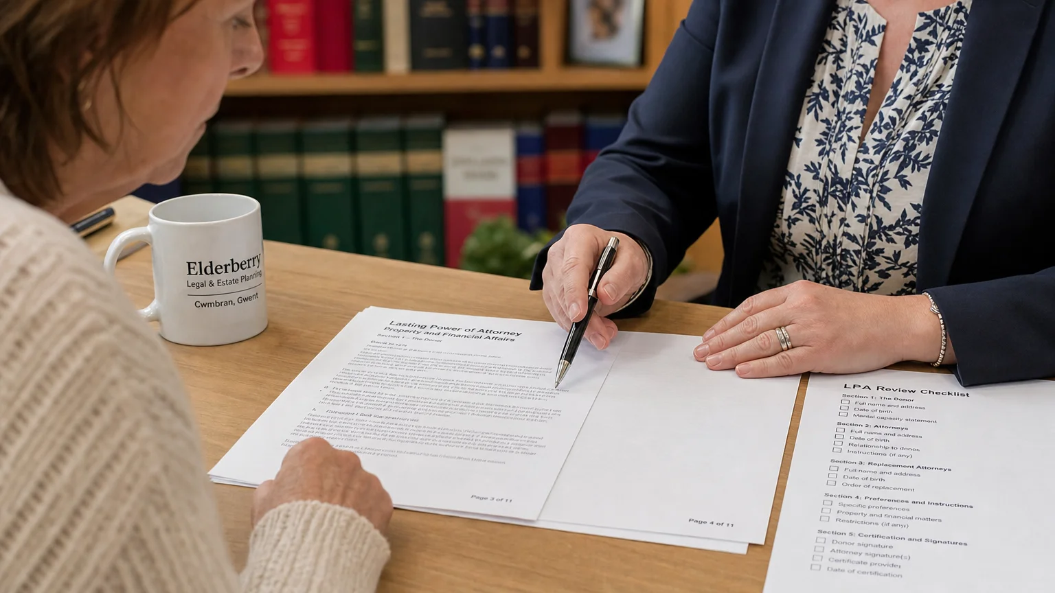 photorealistic close-up action desk professional adviser s office Power of Attorney Advice Cwmbran