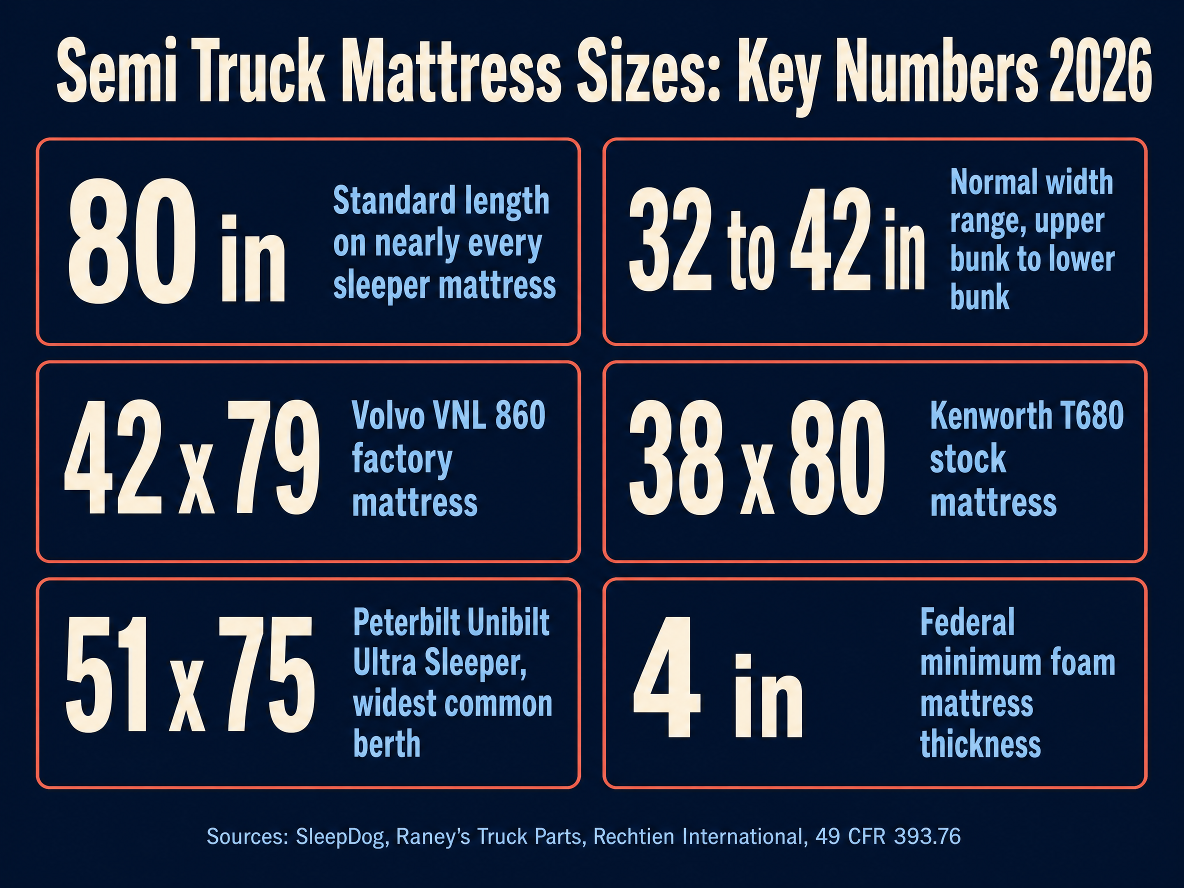 Semi truck mattress size key numbers: 80 inch length, 32 to 42 inch width, Volvo VNL 860 42 x 79, Kenworth T680 38 x 80, Peterbilt Ultra Sleeper 51 x 75, 4 inch minimum foam thickness