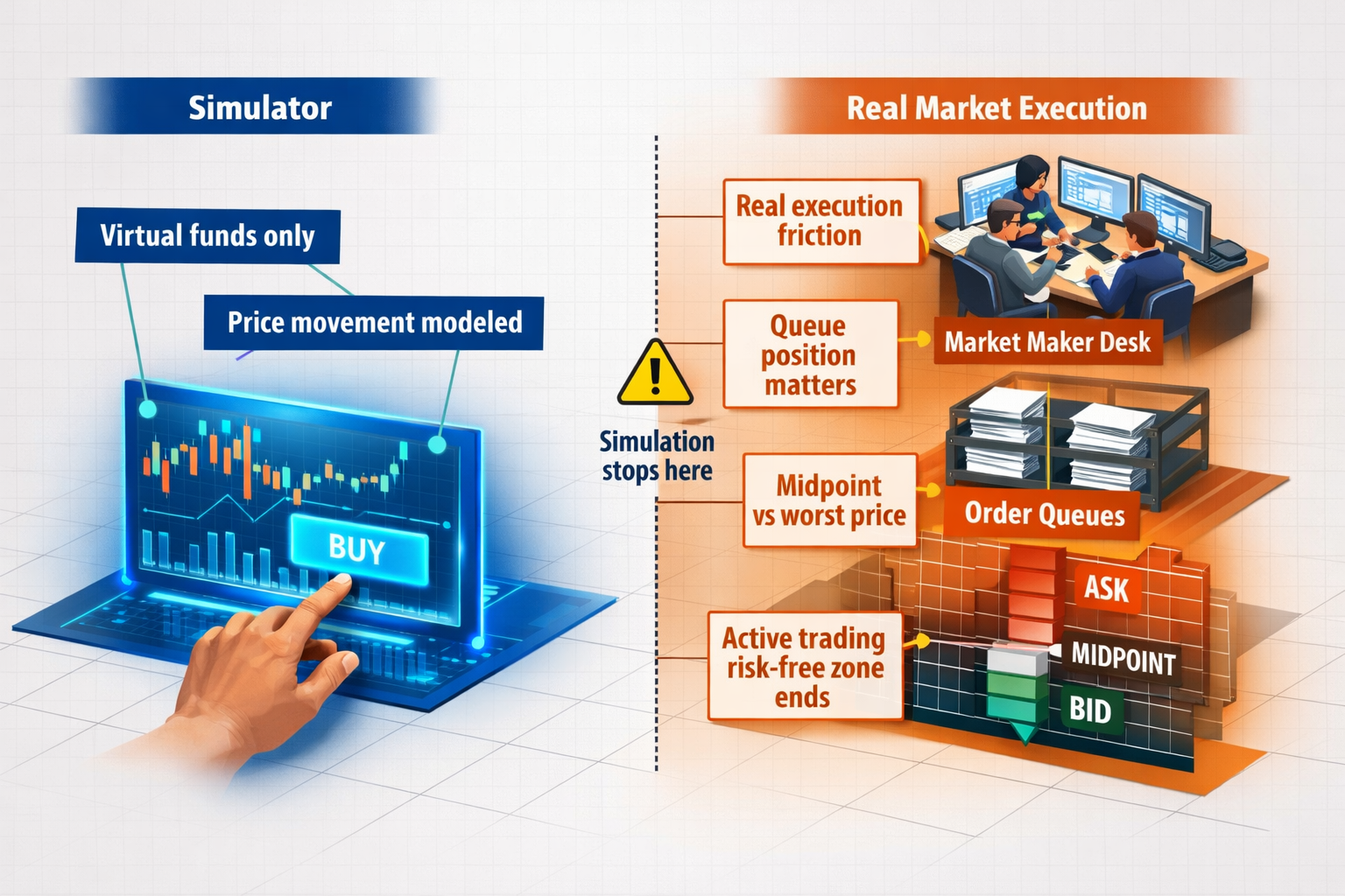 Diagram of where paper trading simulation stops and real market execution friction begins