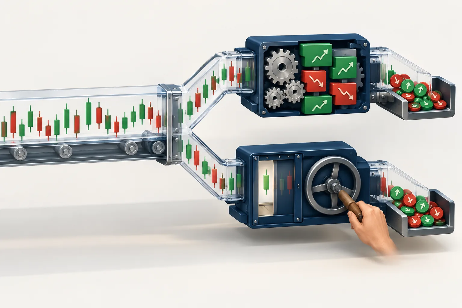 Illustration comparing automated rule-based backtesting with manual chart replay