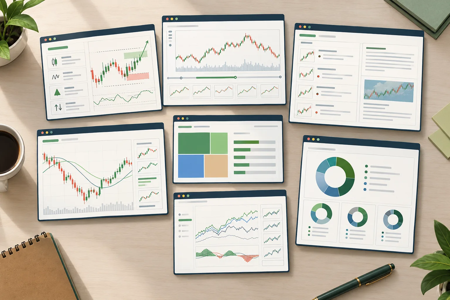 Seven browser windows showing different backtesting approaches from chart rules to portfolio allocation