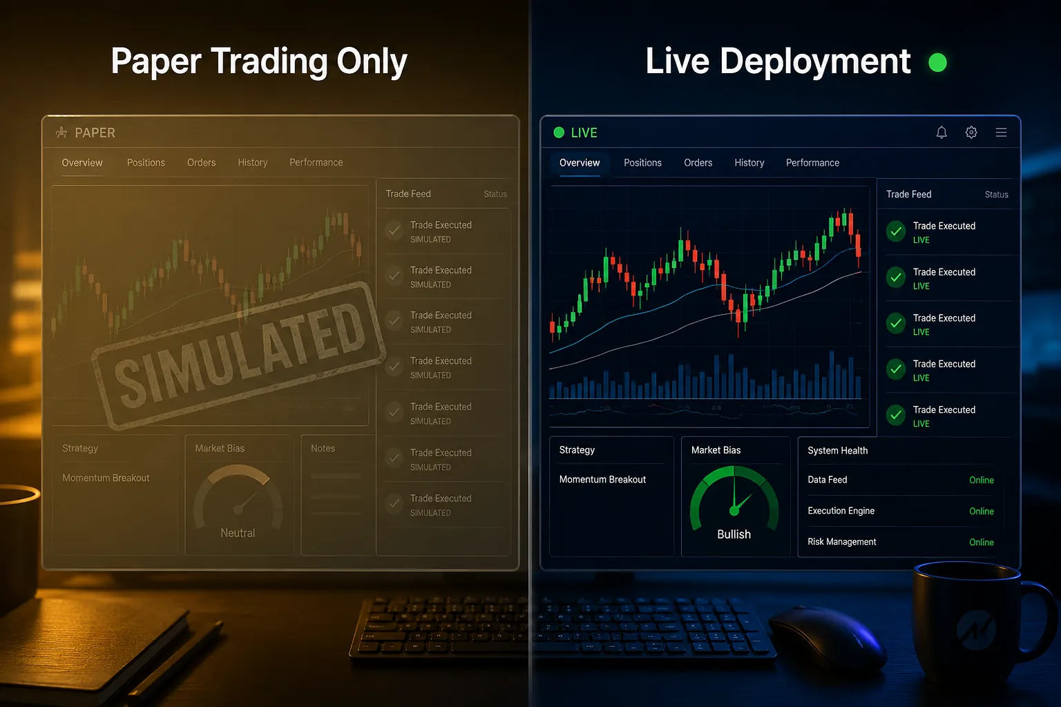 Paper trading only interface compared with a live deployment dashboard