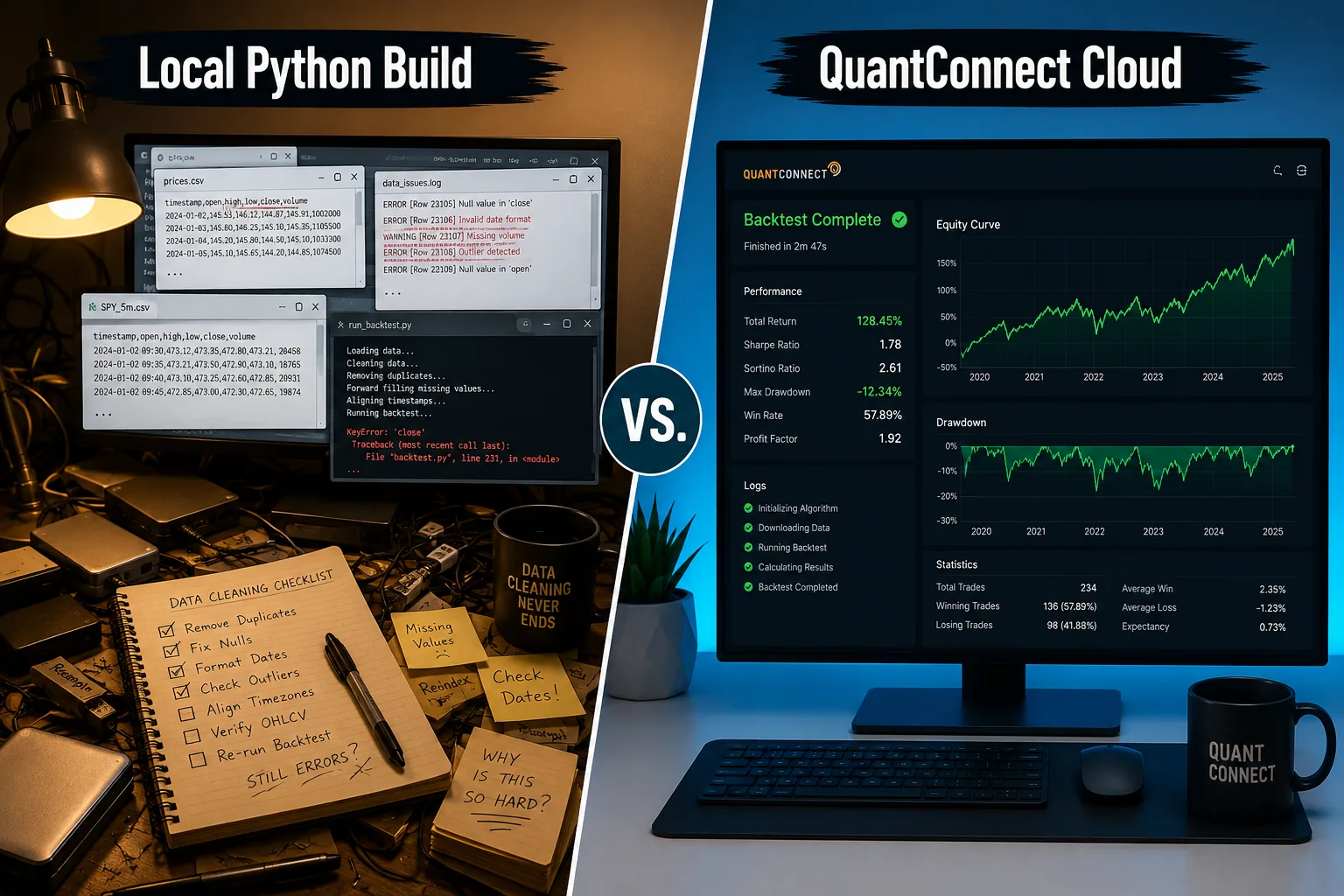 Local Python backtesting build compared with QuantConnect cloud workstation