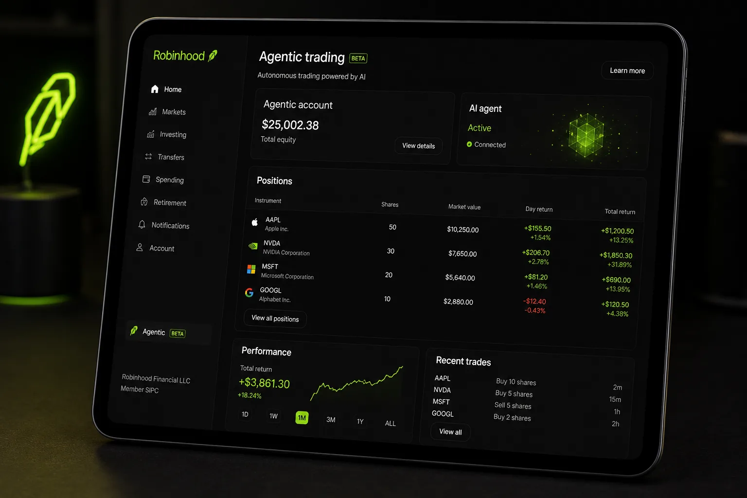 Robinhood Agentic account separated from primary accounts with agent connection status