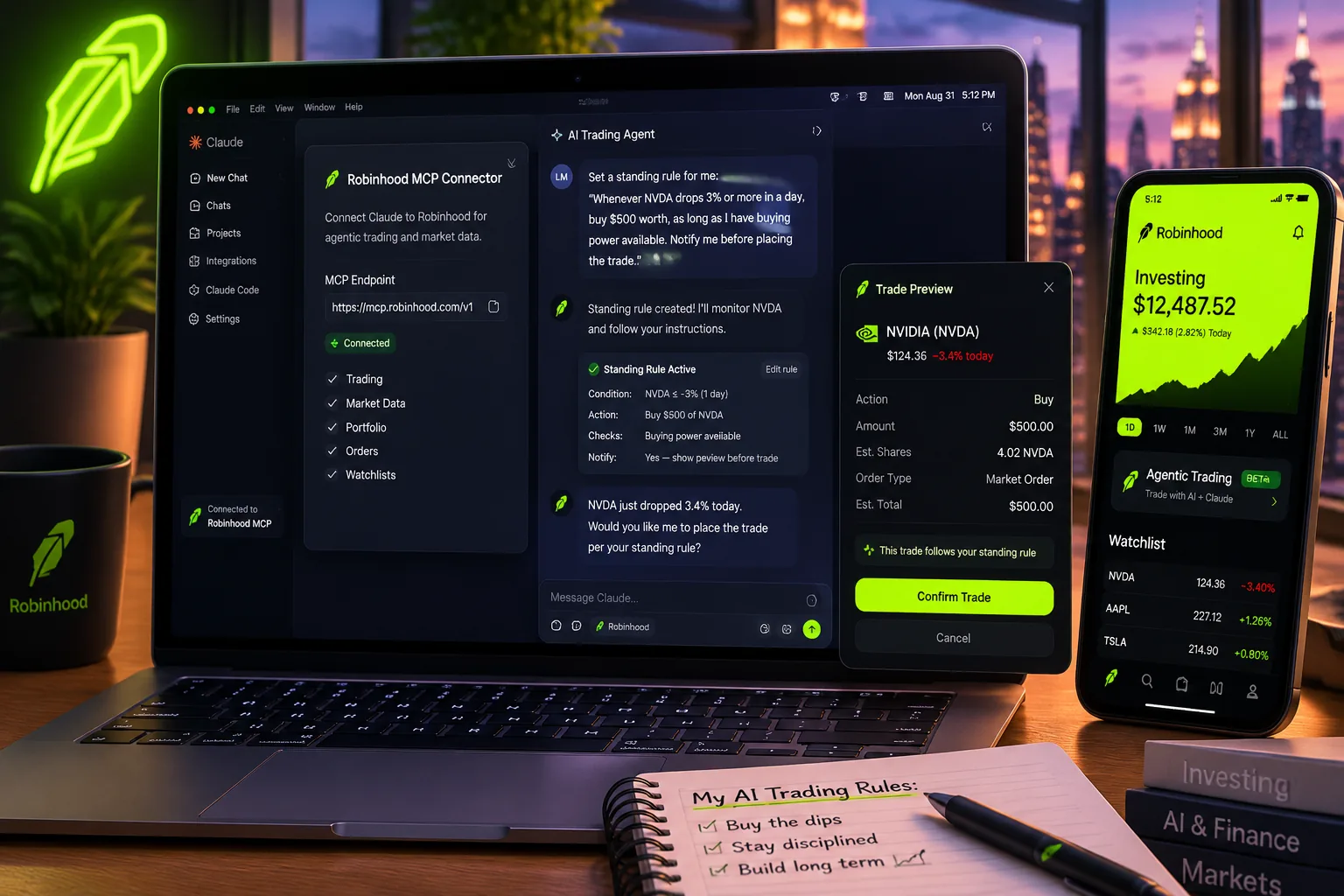 Claude Desktop connector with the Robinhood MCP endpoint and a trade preview screen