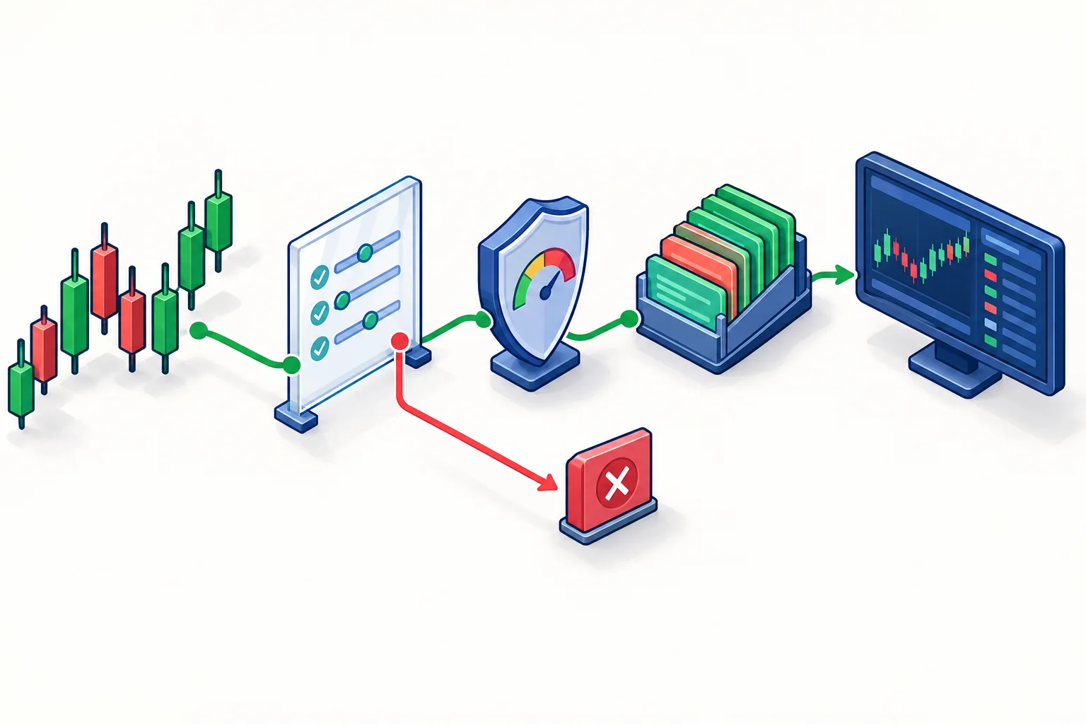 Isometric flow from market data through rules and risk controls to a broker order queue