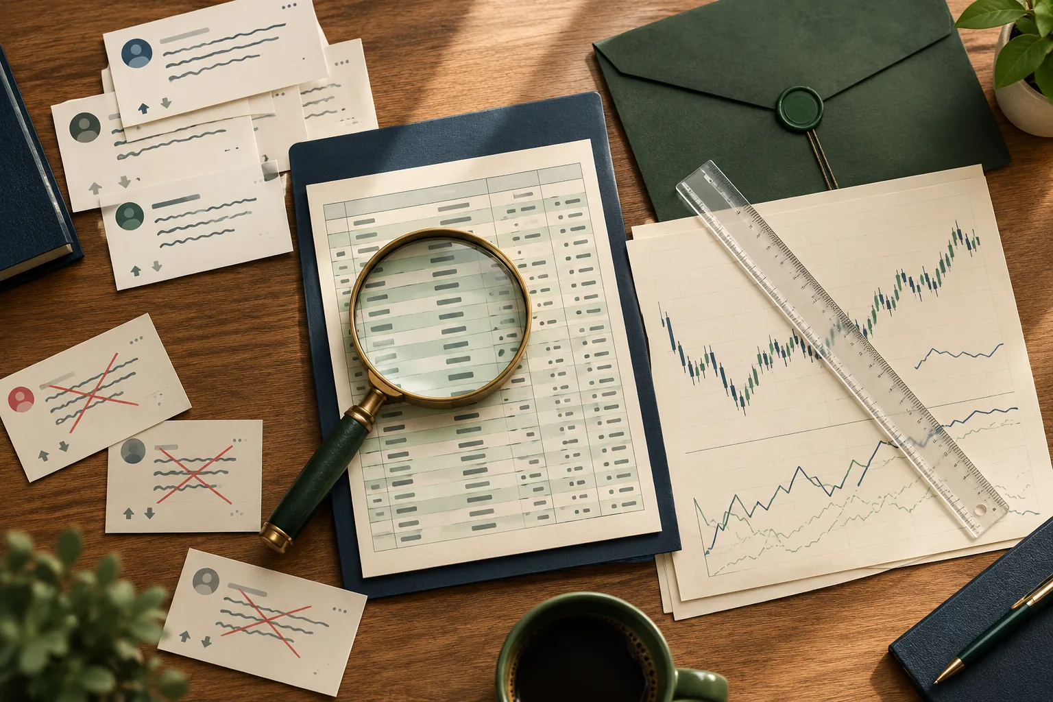 Magnifying glass over a trade ledger and sealed test data folder, evaluating Reddit trading advice