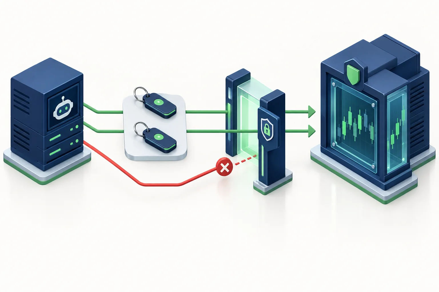 Isometric diagram of a bot server passing API credentials through an authentication gate to a brokerage gateway