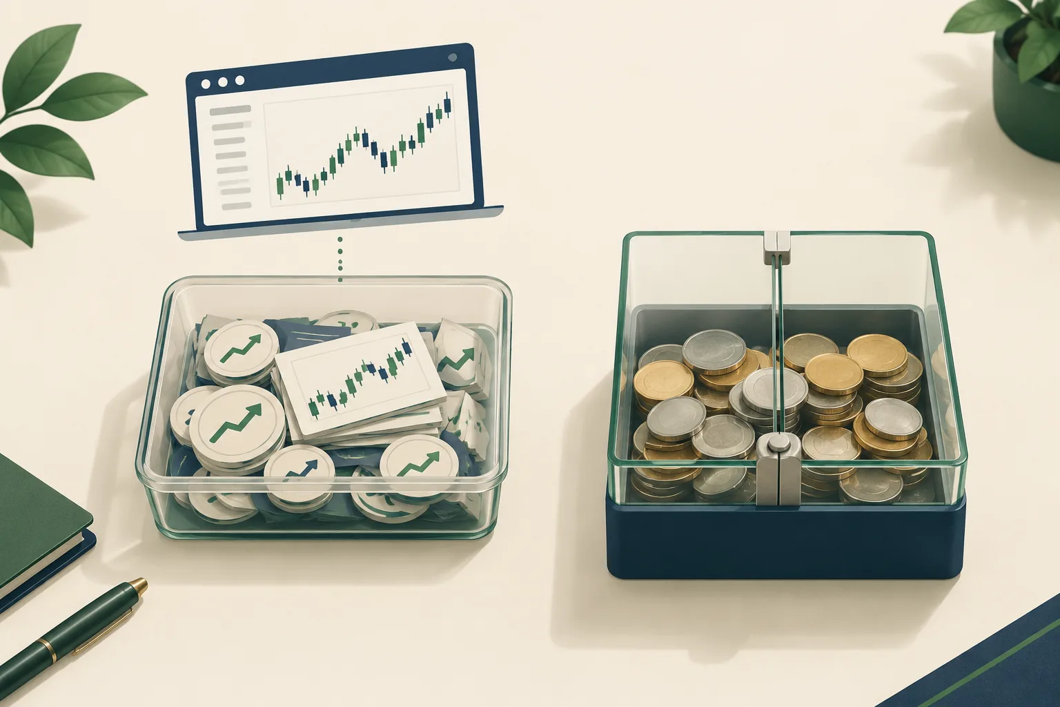 Practice account container of paper tokens separated by glass from a live account holding real coins