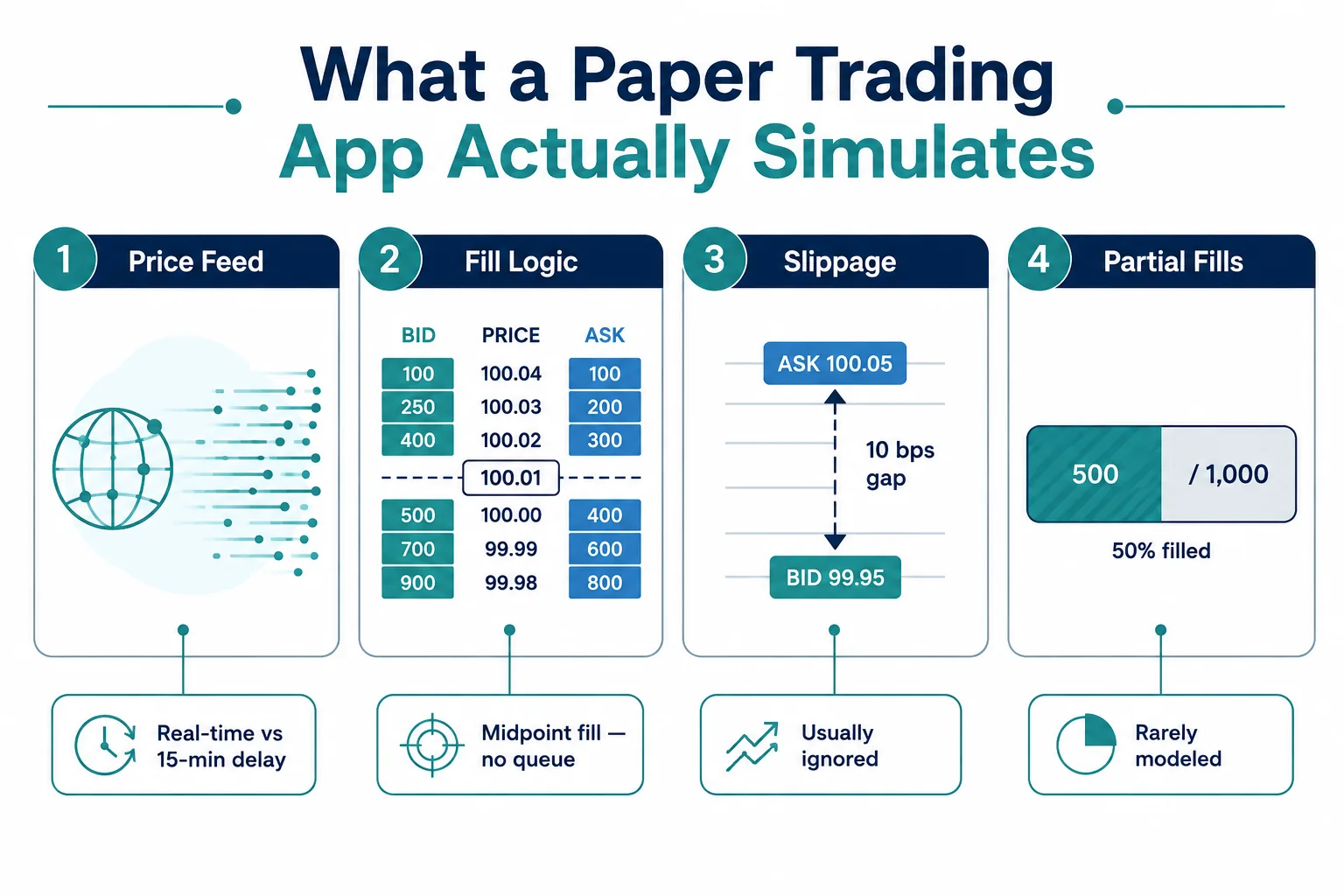 Infographic of what a paper trading app simulates: price feed, fill logic, slippage, partial fills