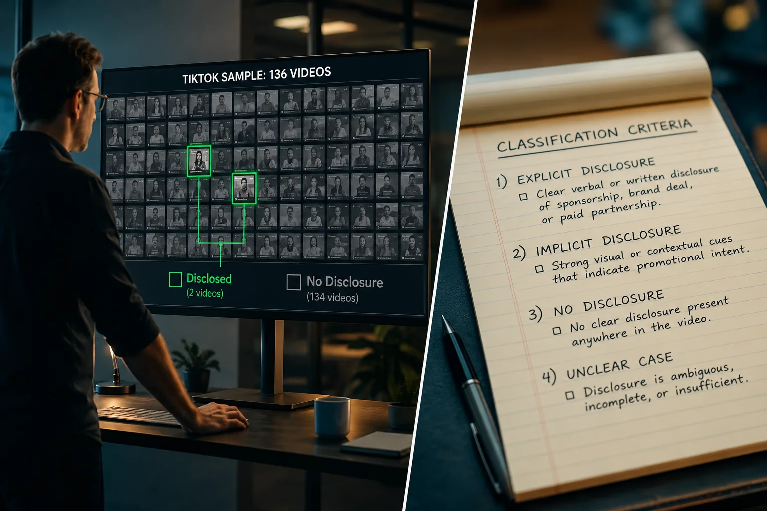 Researcher reviewing 136 TikTok video frames with two marked as disclosed
