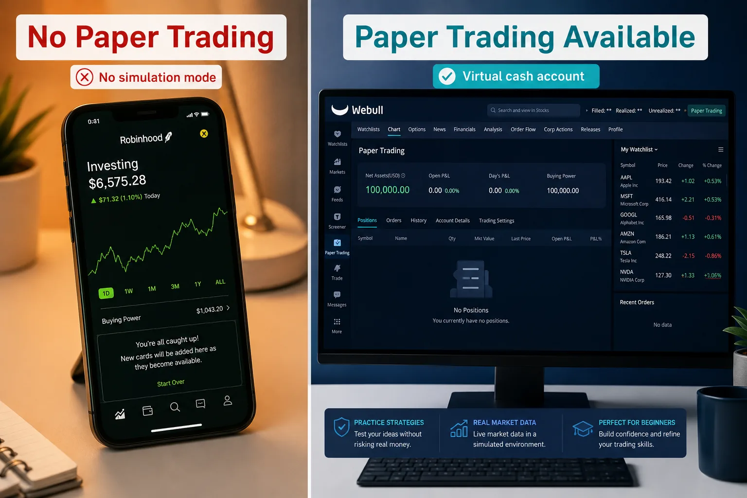 Robinhood with no paper trading compared with Webull paper trading account