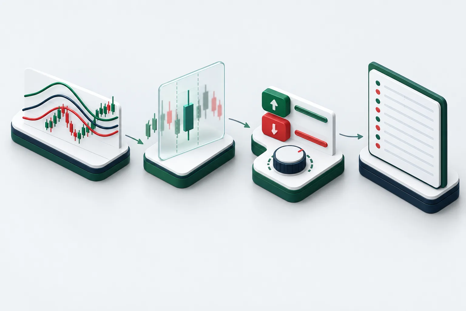 Isometric process showing a chart condition converted into simulated orders and a trade ledger