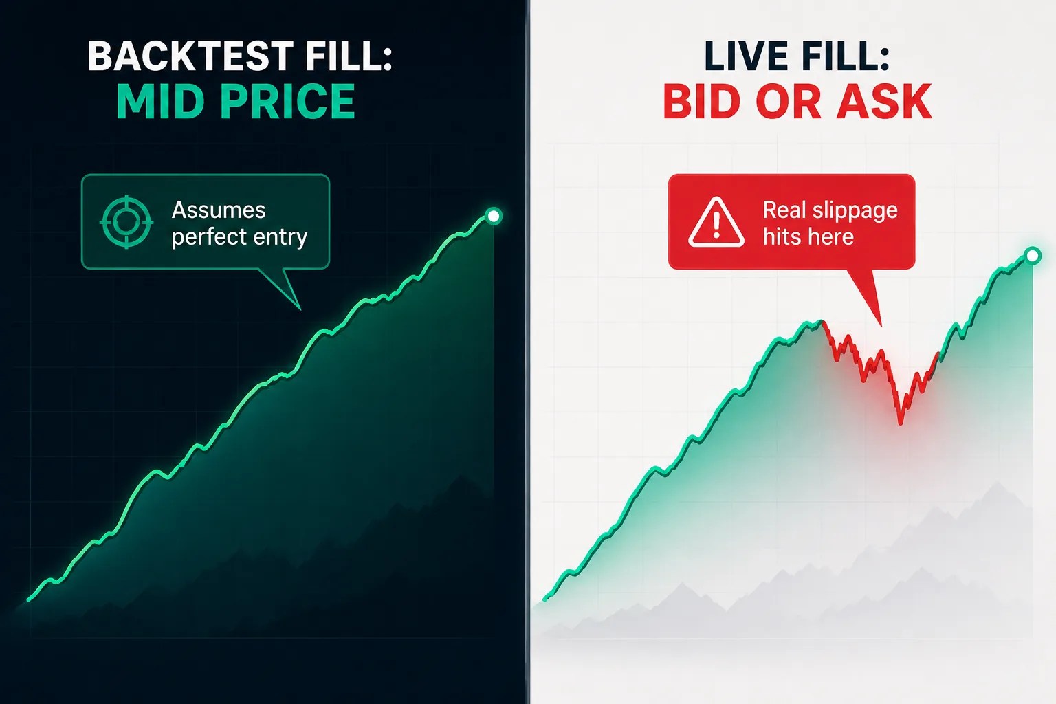 Backtest mid price fill compared with a live bid or ask fill in options trading