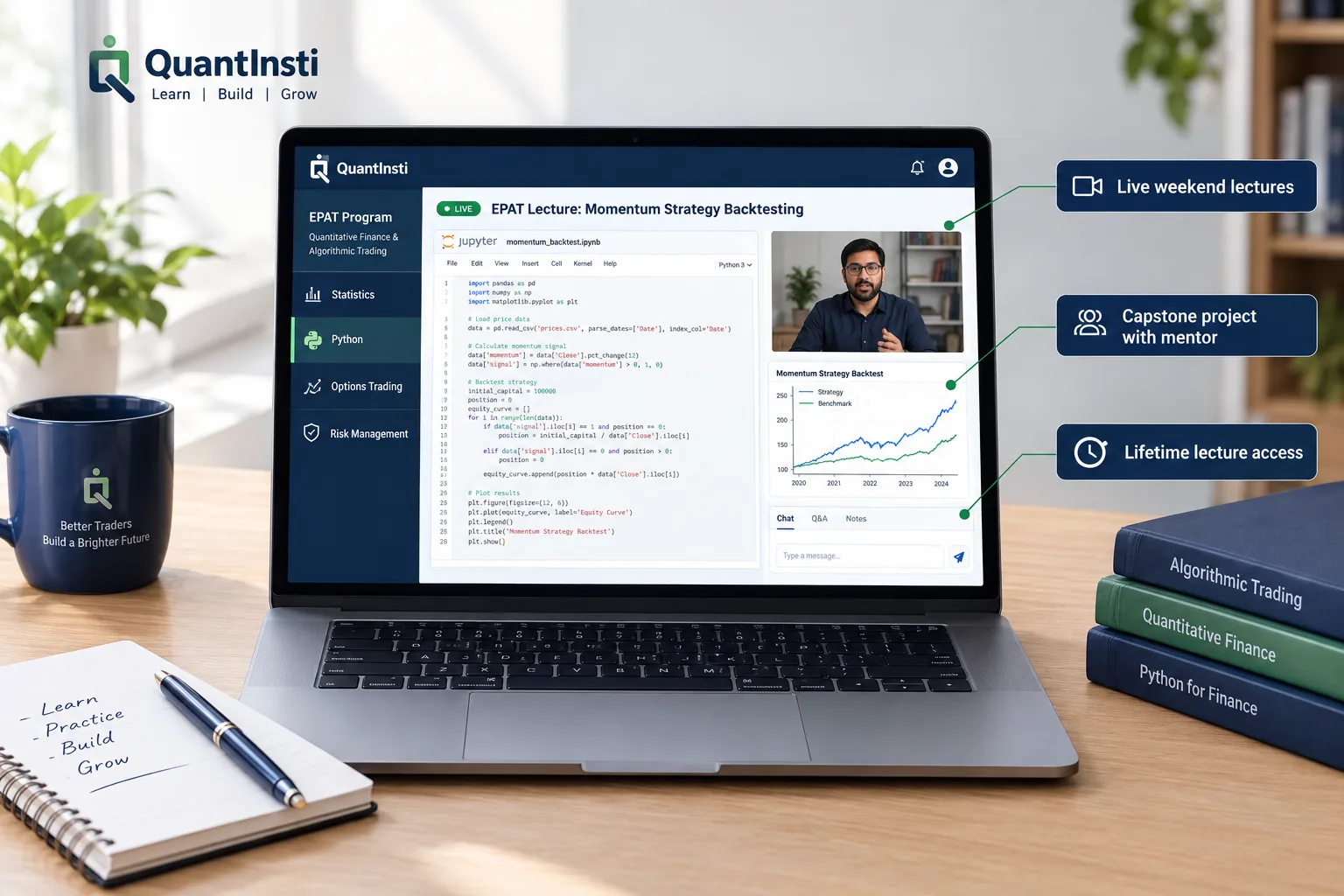 QuantInsti EPAT online lecture with Python notebook and course modules