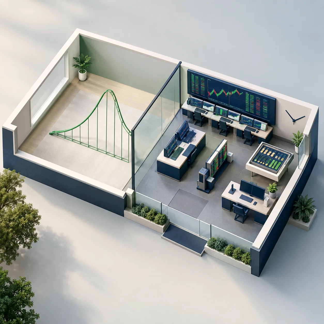 Model comparing an options payoff preview room with a full miniature trading simulator