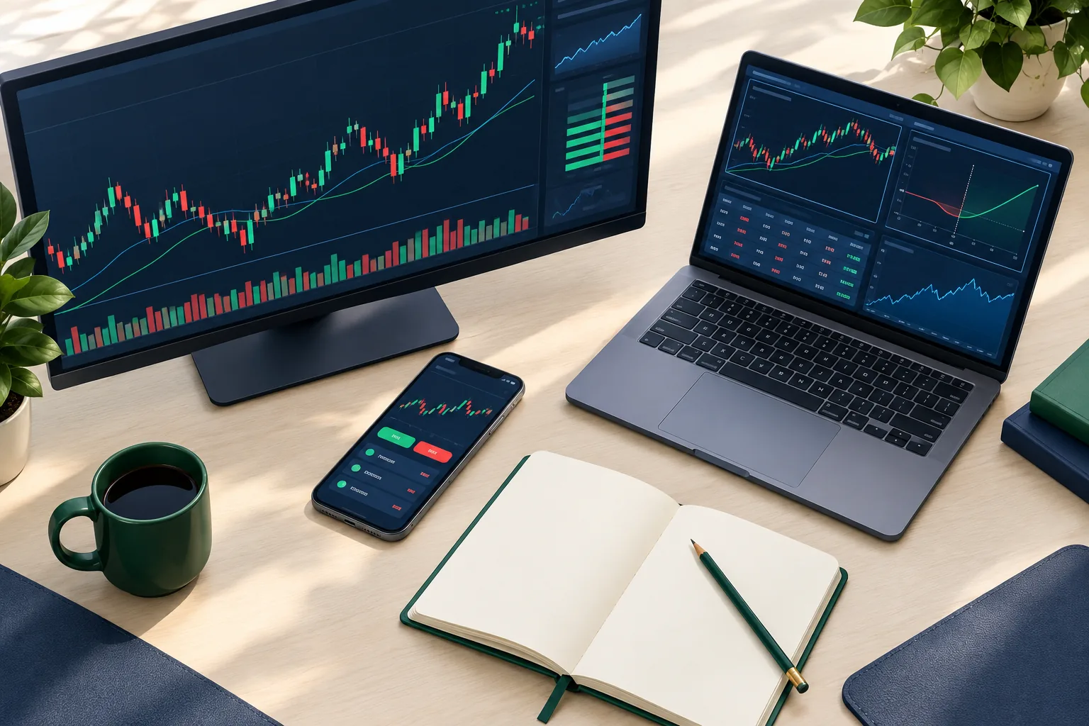 Monitor, smartphone, and laptop showing three free paper trading alternatives with a practice journal