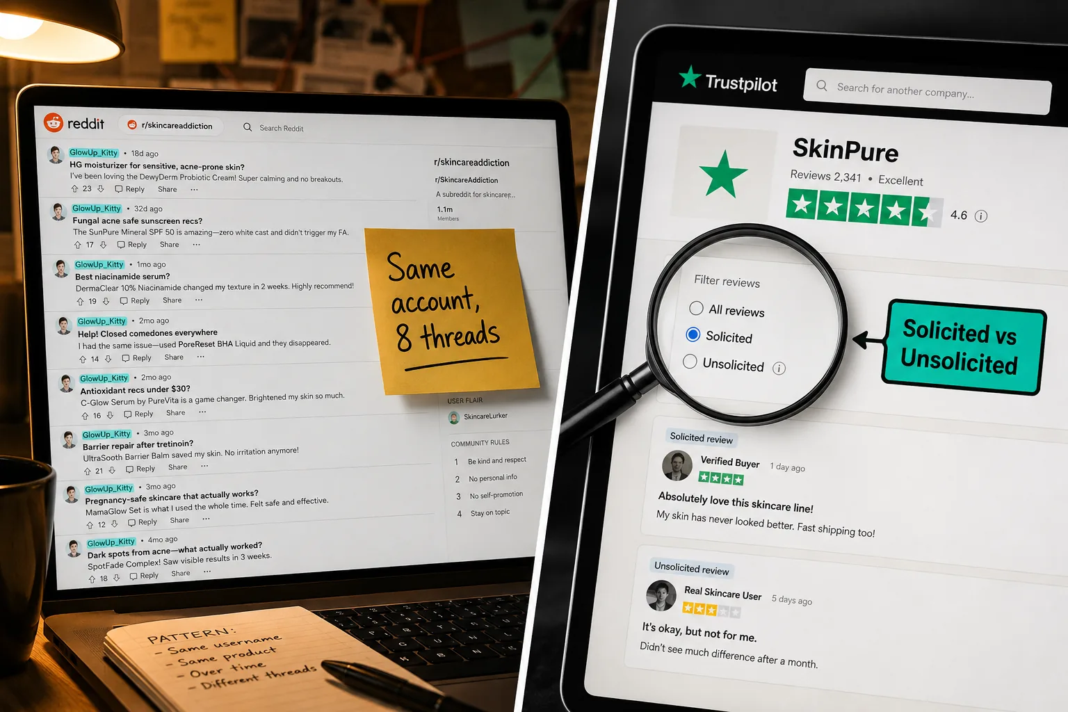 Reddit thread with repeated usernames beside a review site under a magnifying glass